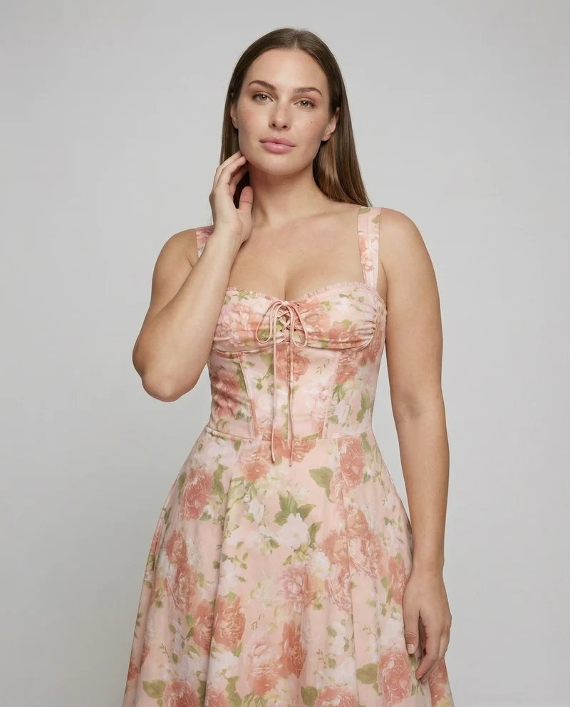 Damen nan Midikleid mit herzförmigem Ausschnitt, tailliertem Korsagen-Oberteil und ausgestelltem A-Linien-Rock