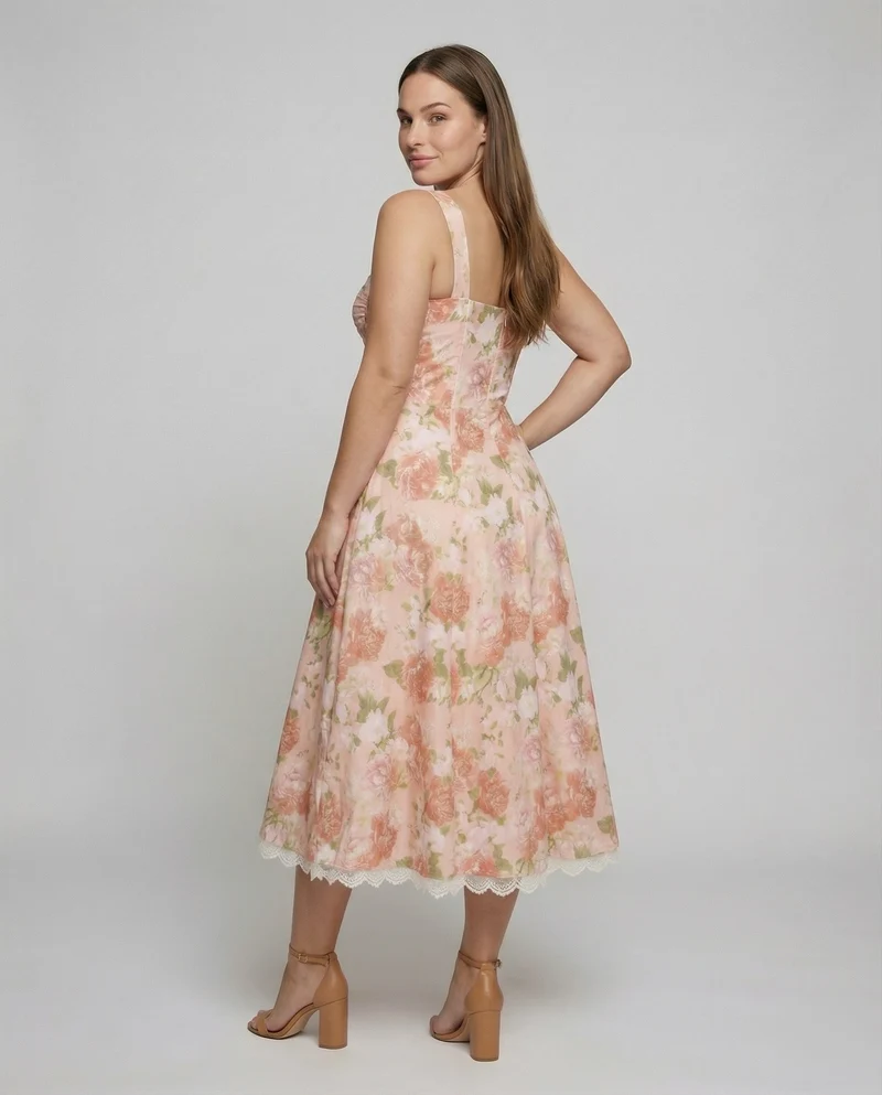Damen nan Midikleid mit herzförmigem Ausschnitt, tailliertem Korsagen-Oberteil und ausgestelltem A-Linien-Rock