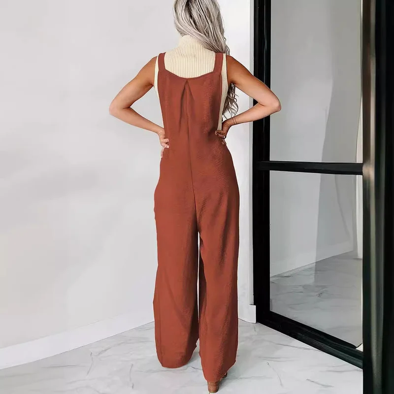 Damen lässiger Jumpsuit mit weit geschnittenem Bein und dekorativen Knopfdetails