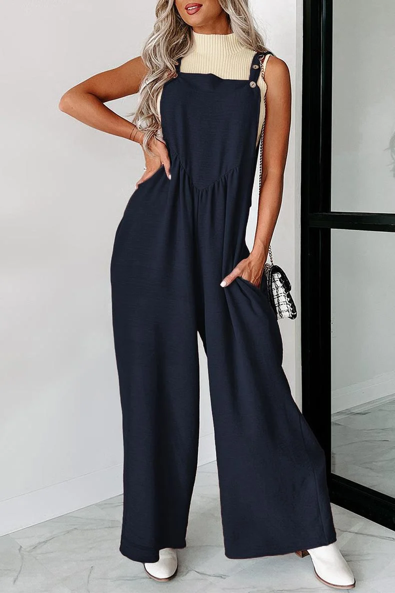 Damen lässiger Jumpsuit mit weit geschnittenem Bein und dekorativen Knopfdetails