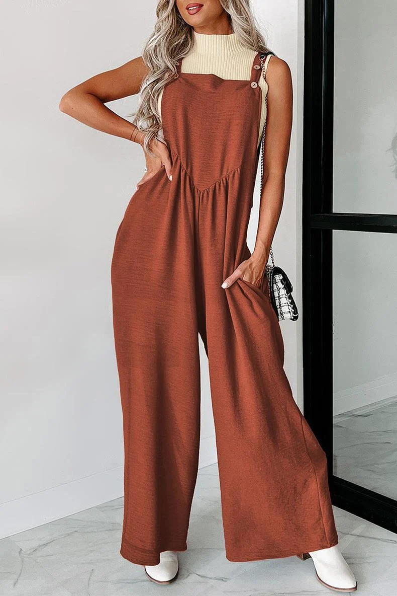 Damen lässiger Jumpsuit mit weit geschnittenem Bein und dekorativen Knopfdetails