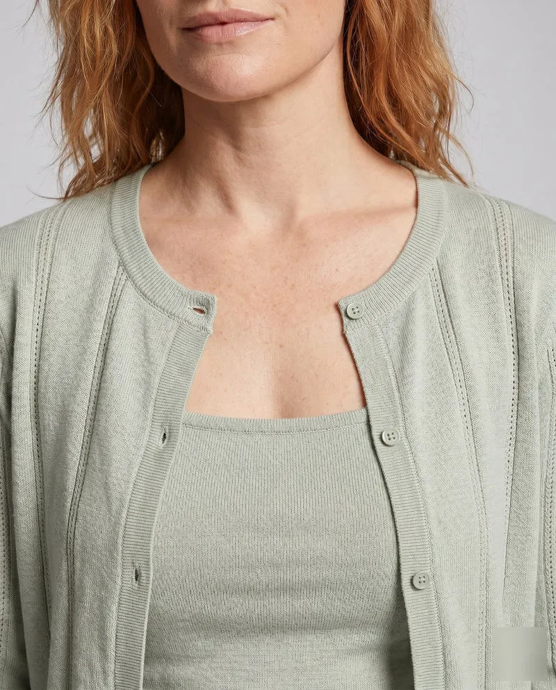 Damen nan zweiteiliges Feinstrick-Set mit schmalem Ripp-Cami und transparenter Longcardigan mit Häkelkante