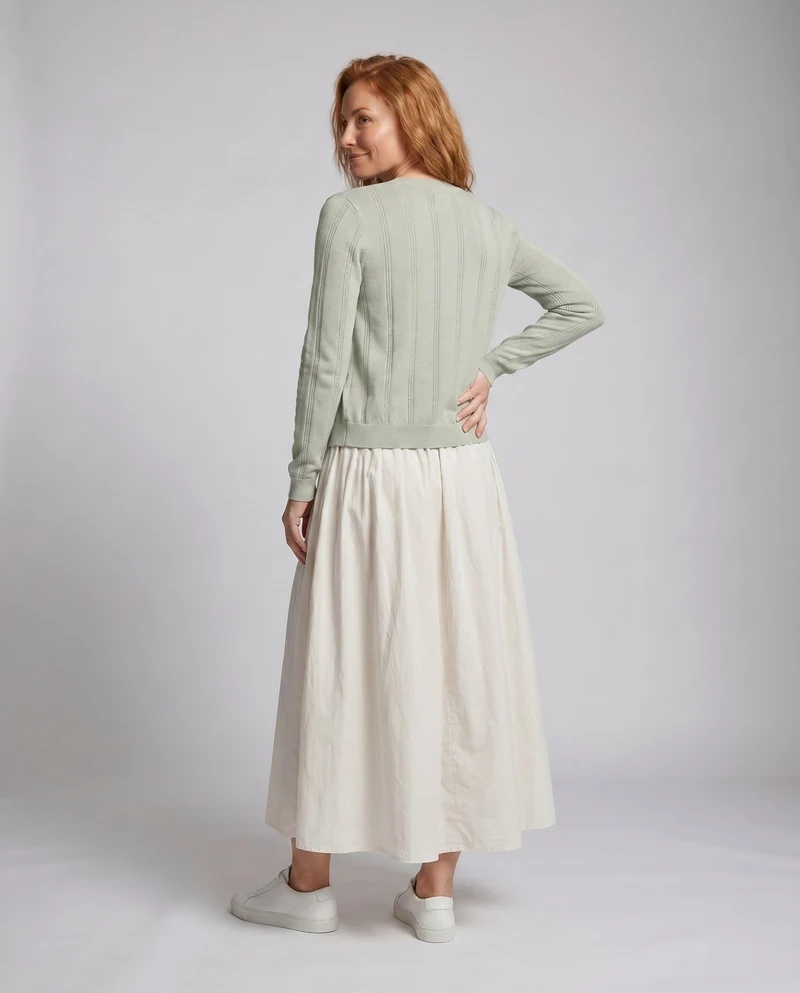 Damen nan zweiteiliges Feinstrick-Set mit schmalem Ripp-Cami und transparenter Longcardigan mit Häkelkante