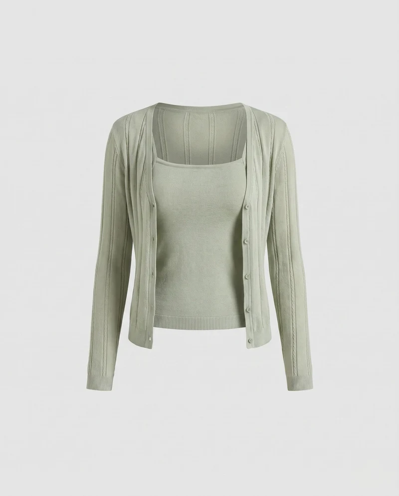 Damen nan zweiteiliges Feinstrick-Set mit schmalem Ripp-Cami und transparenter Longcardigan mit Häkelkante