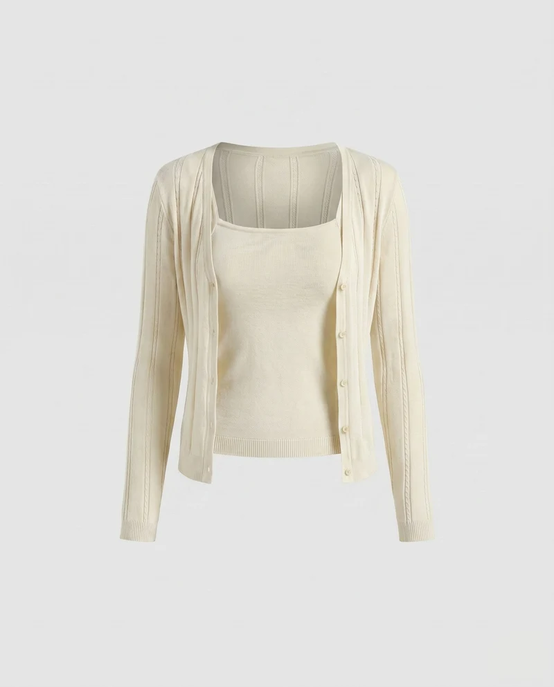 Damen nan zweiteiliges Feinstrick-Set mit schmalem Ripp-Cami und transparenter Longcardigan mit Häkelkante