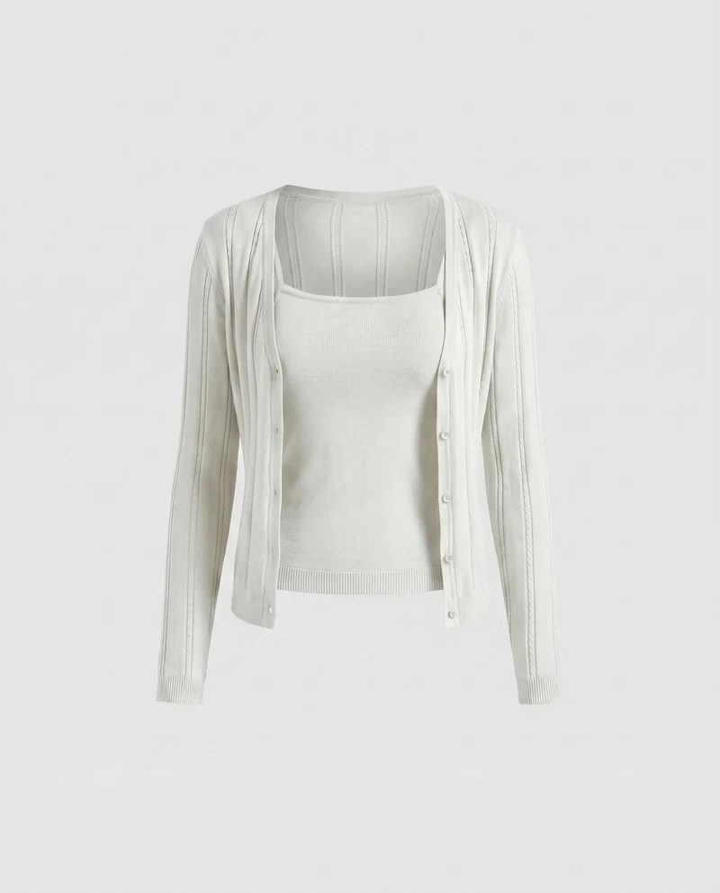 Damen nan zweiteiliges Feinstrick-Set mit schmalem Ripp-Cami und transparenter Longcardigan mit Häkelkante