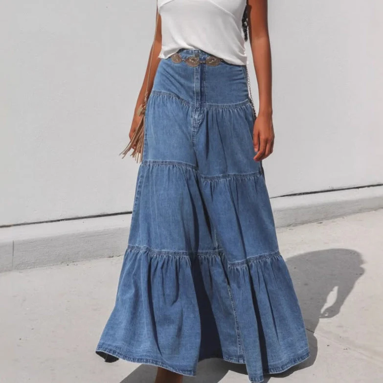Damen Denim Maxikleid im Boho-Stil mit voluminösem Rock und Rüschen