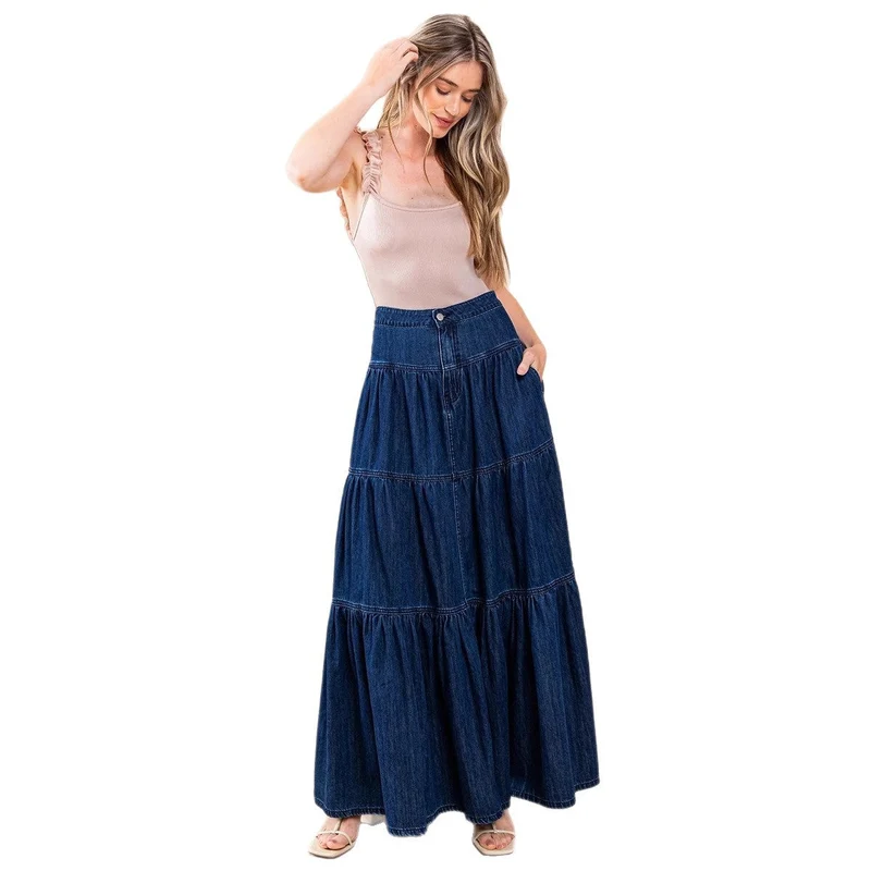 Damen Denim Maxikleid im Boho-Stil mit voluminösem Rock und Rüschen