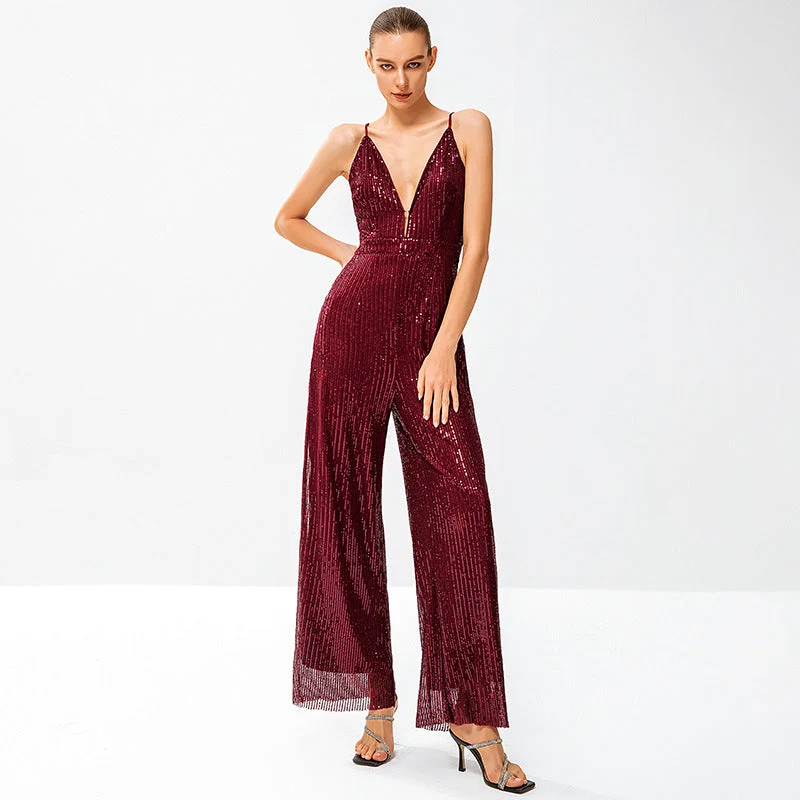 Damen Glitzernder Jumpsuit mit tiefem V-Ausschnitt und weitem Beinschnitt