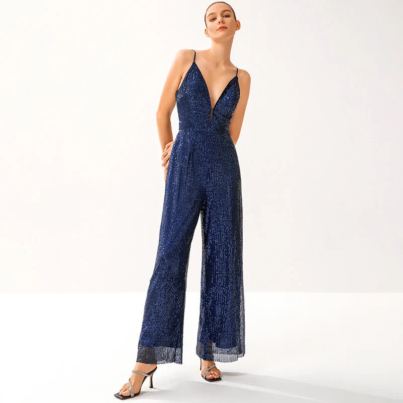 Damen Glitzernder Jumpsuit mit tiefem V-Ausschnitt und weitem Beinschnitt