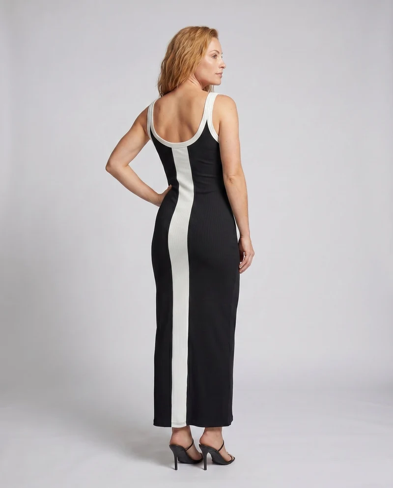 Damen figurbetontes Maxikleid mit kontrastierenden Farbblöcken