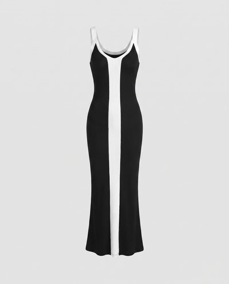 Damen figurbetontes Maxikleid mit kontrastierenden Farbblöcken