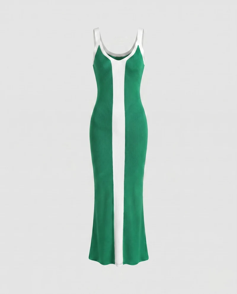 Damen figurbetontes Maxikleid mit kontrastierenden Farbblöcken