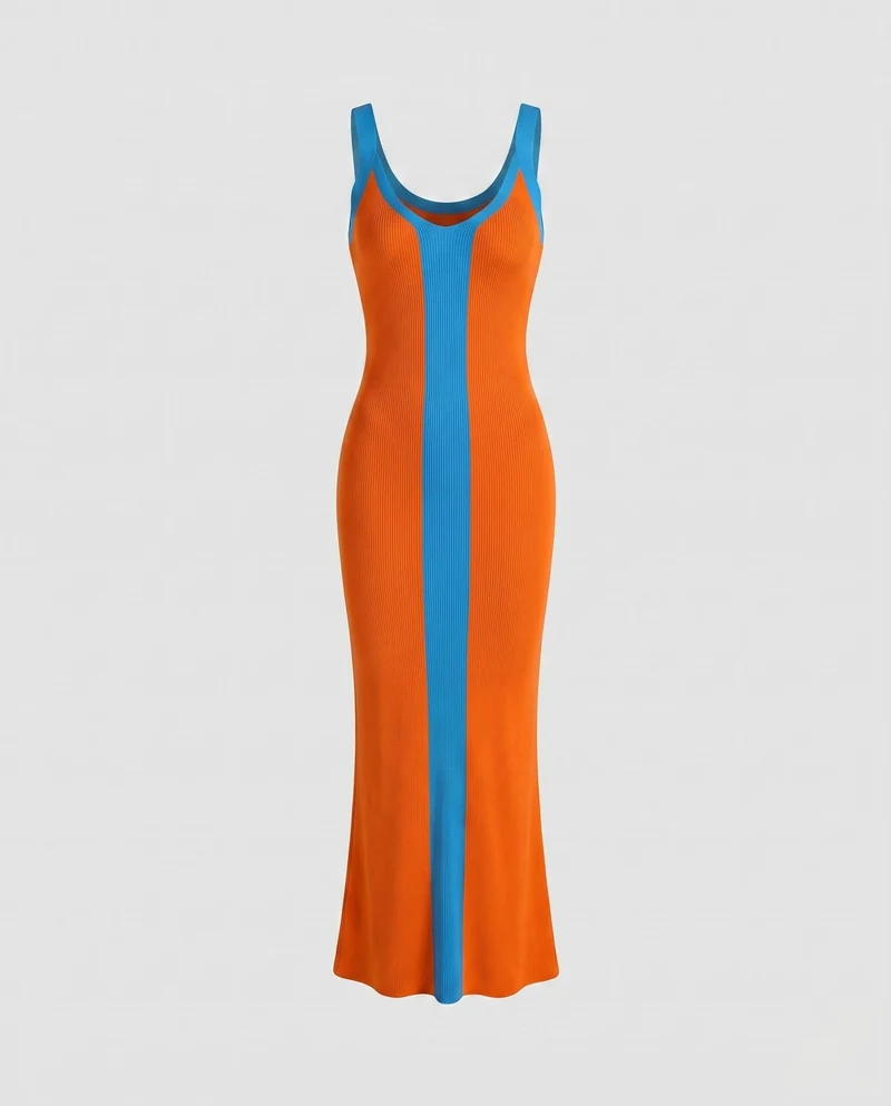 Damen figurbetontes Maxikleid mit kontrastierenden Farbblöcken