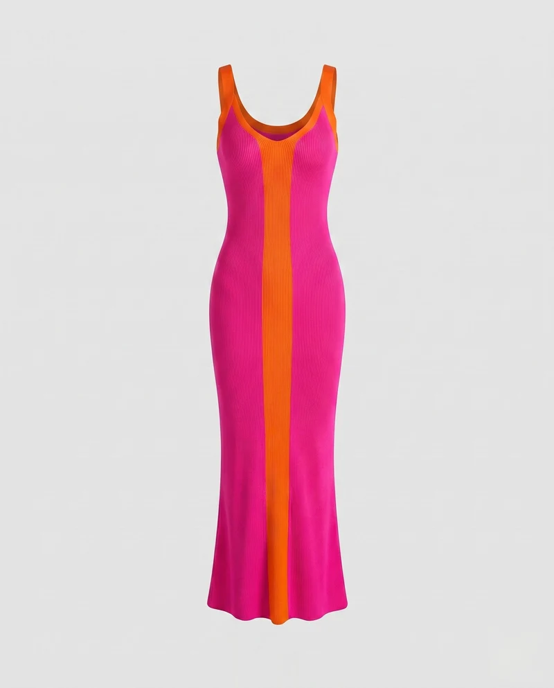 Damen figurbetontes Maxikleid mit kontrastierenden Farbblöcken