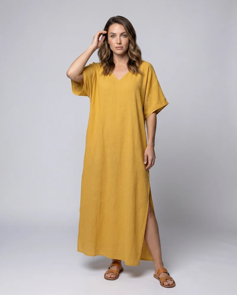 Damen Elegantes und luftiges Maxikleid mit V-Ausschnitt und seitlichen Schlitzen Nord Taschen