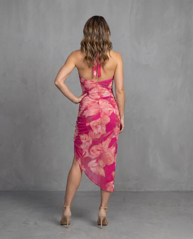 Damen Midikleid mit eleganter Drapierung und floralem Muster