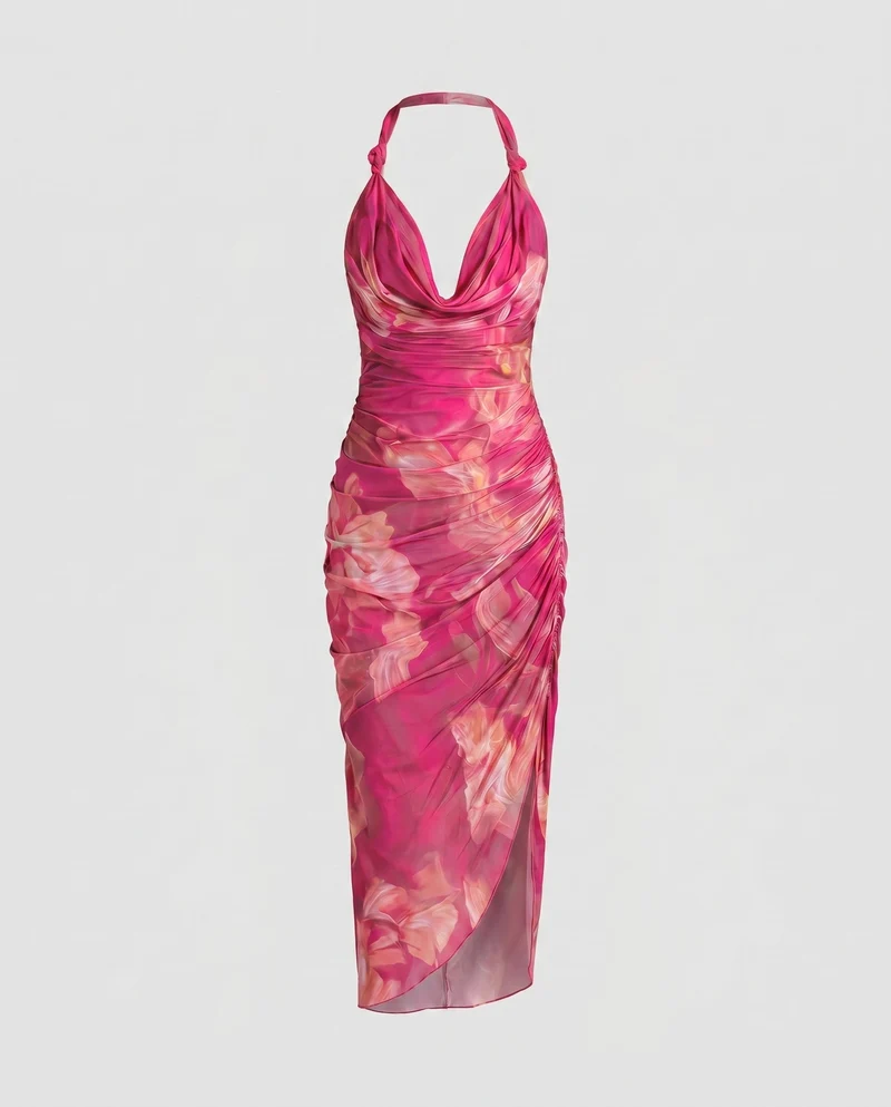 Damen Midikleid mit eleganter Drapierung und floralem Muster