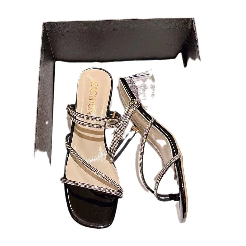 Damen elegante Statement-Sandaletten mit transparentem Blockabsatz und funkelnden Riemchen