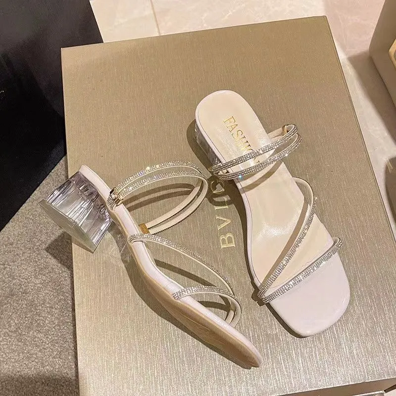 Damen elegante Statement-Sandaletten mit transparentem Blockabsatz und funkelnden Riemchen
