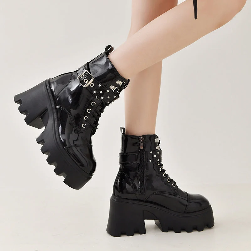 Damen High-Top Stiefeletten mit modischem Schnallen-Detail und robustem Plateau