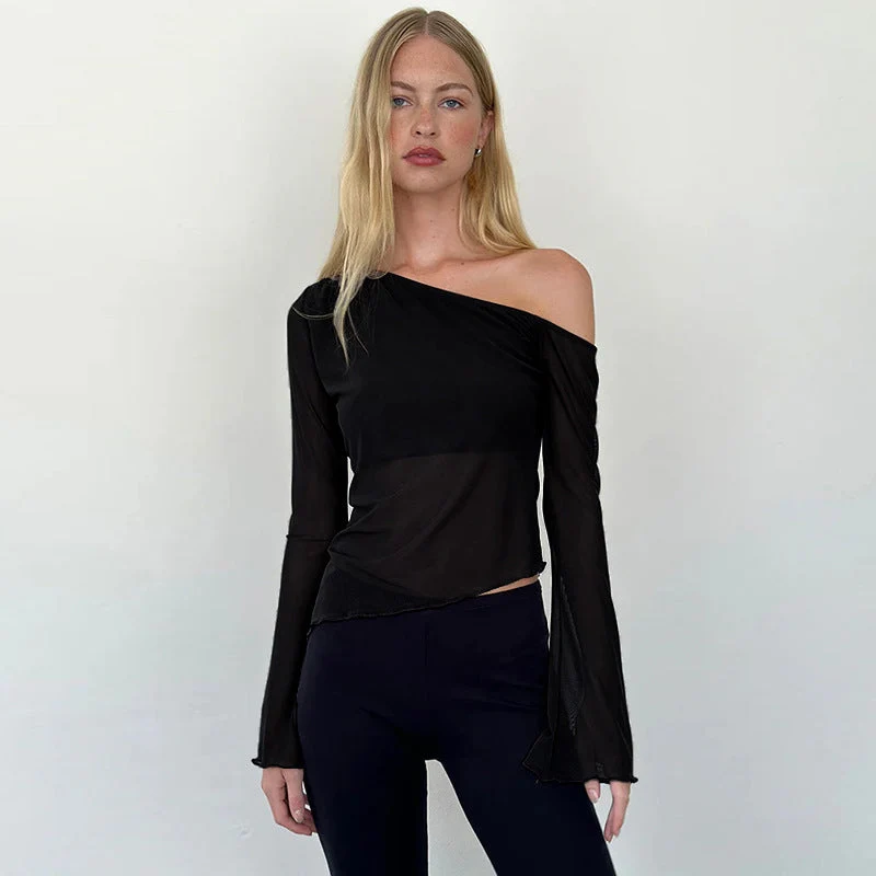 Damen asymmetrisches Langarmshirt mit transparenten Ärmeln und figurbetonter Silhouette