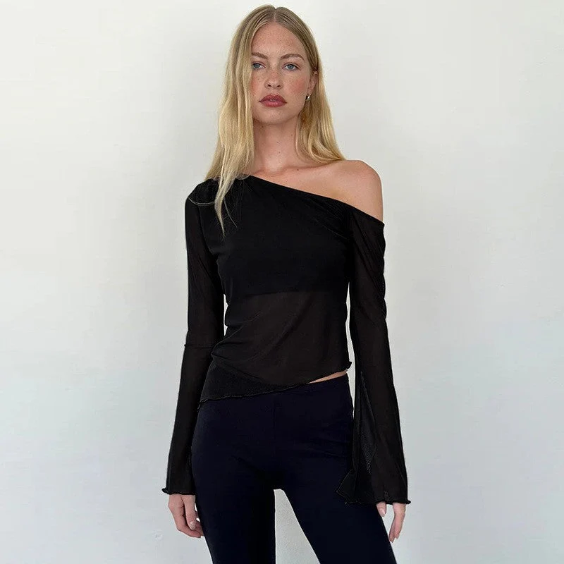 Damen asymmetrisches Langarmshirt mit transparenten Ärmeln und figurbetonter Silhouette