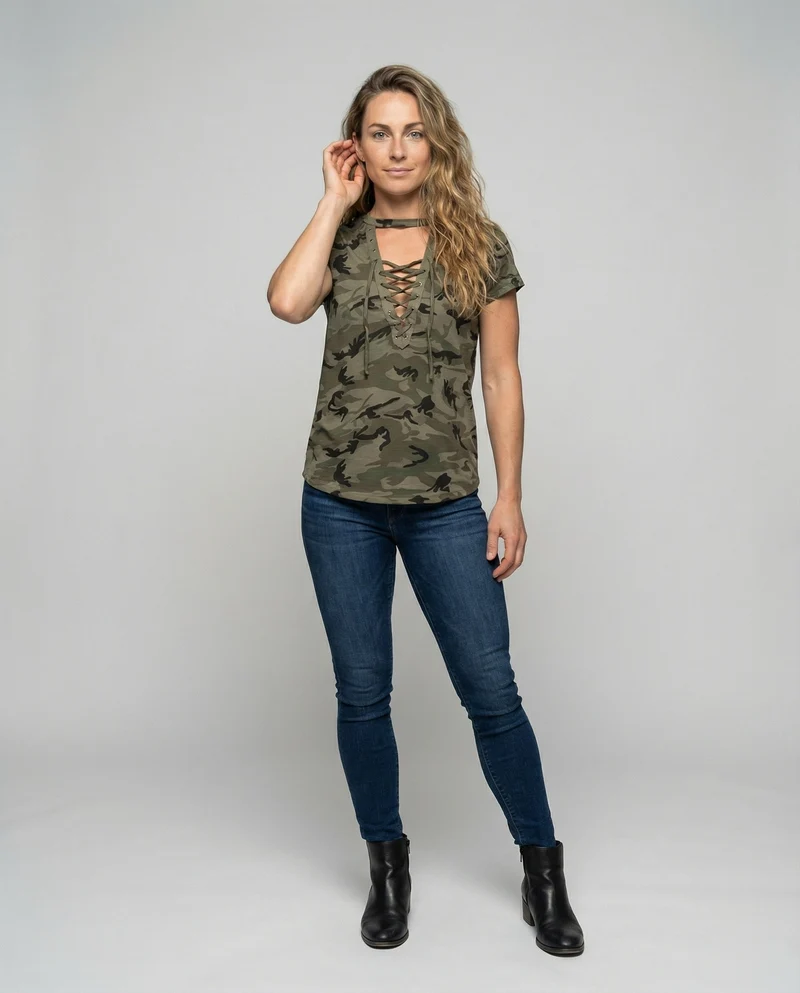 Damen Tarnmuster Schnür-Kurzarmshirt