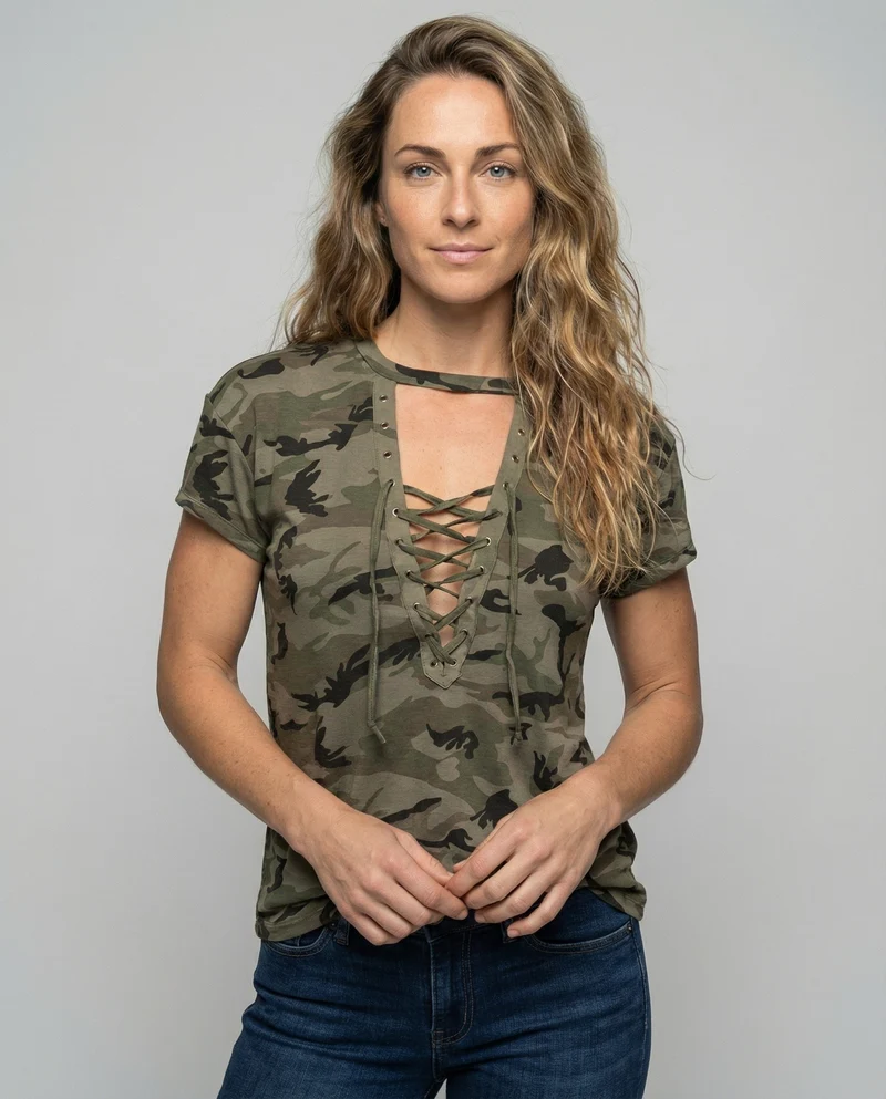 Damen Tarnmuster Schnür-Kurzarmshirt