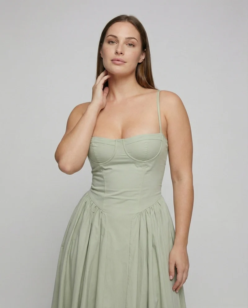 Damen nan schulterfreies Korsett-Midikleid mit konturierten Bügelcups und voluminösem Faltenrock Nord Taschen