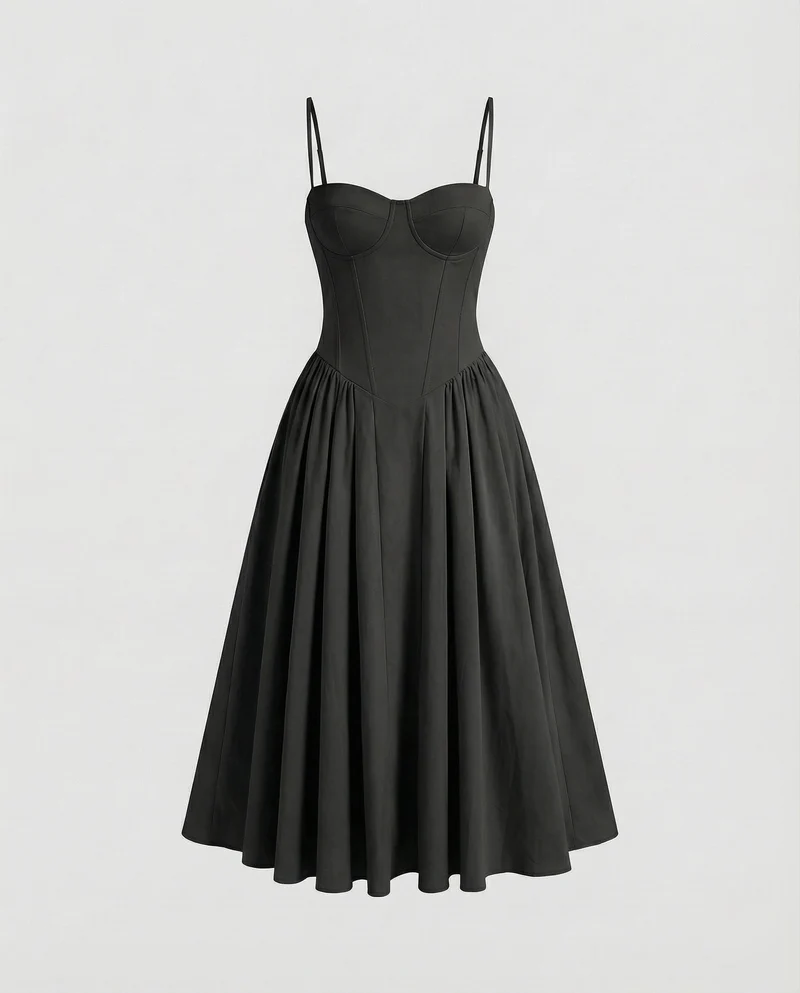 Damen nan schulterfreies Korsett-Midikleid mit konturierten Bügelcups und voluminösem Faltenrock Nord Taschen