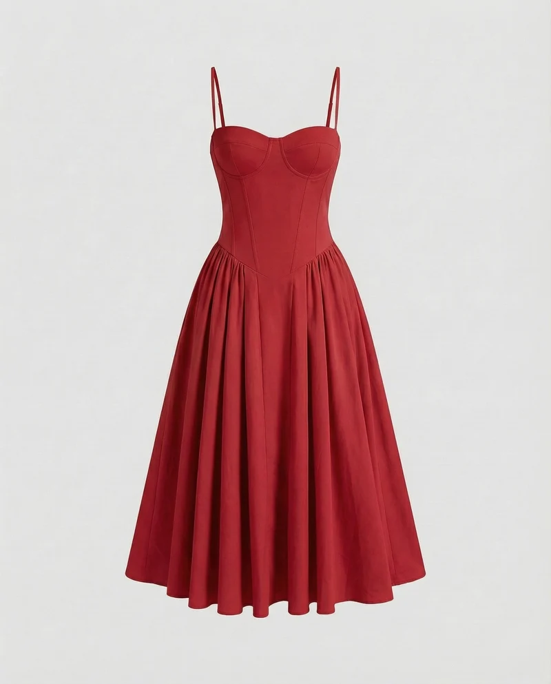 Damen nan schulterfreies Korsett-Midikleid mit konturierten Bügelcups und voluminösem Faltenrock Nord Taschen