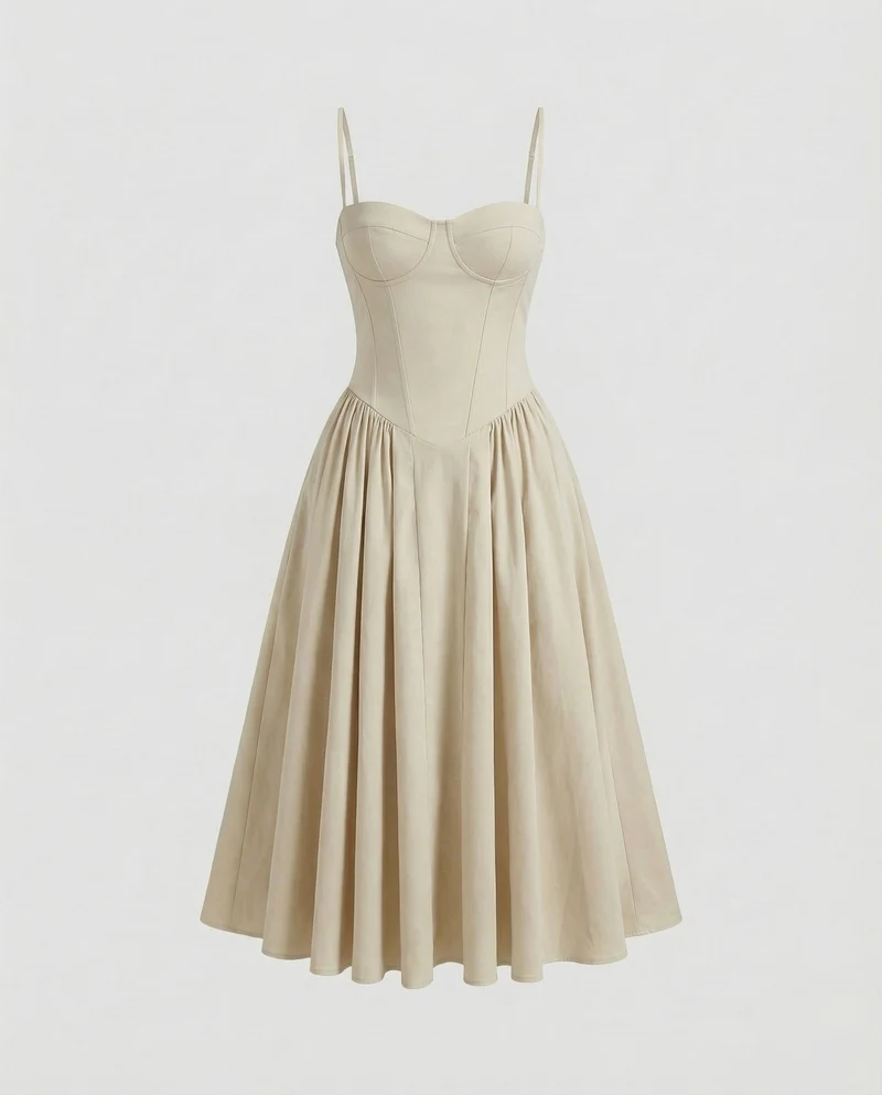Damen nan schulterfreies Korsett-Midikleid mit konturierten Bügelcups und voluminösem Faltenrock Nord Taschen