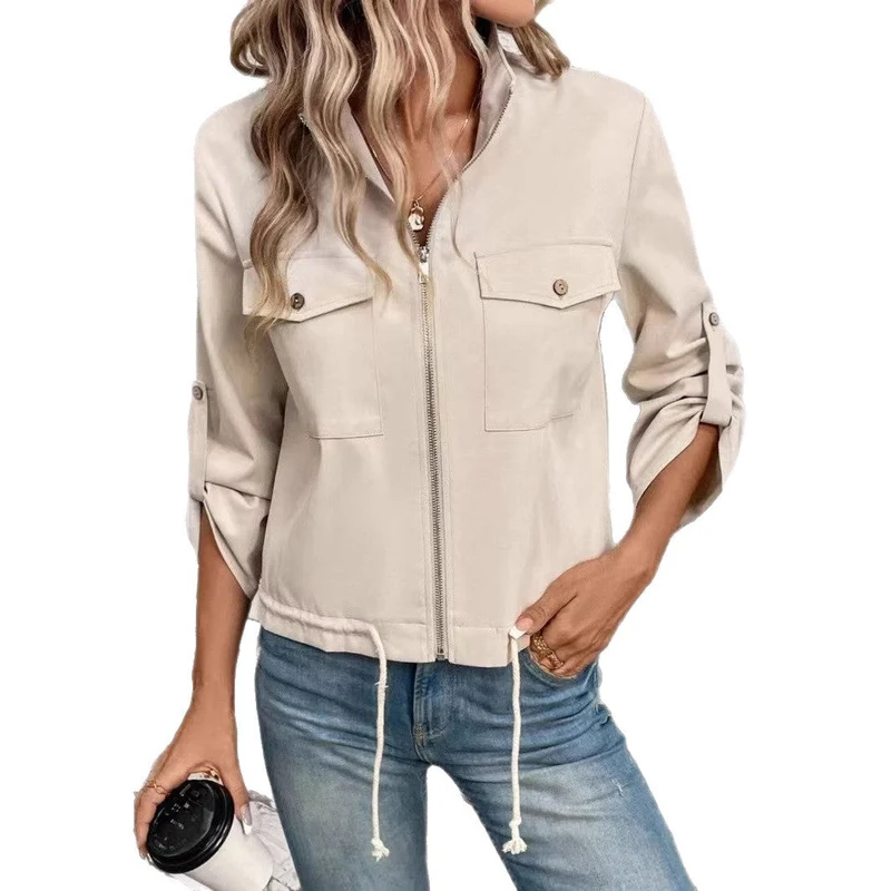 Damen Kurze Bomberjacke mit Reißverschluss und Taschen