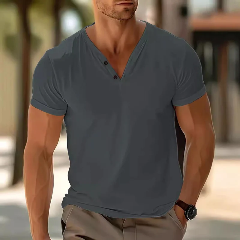 Herren nan kurzärmeliges Henleyshirt mit V-Ausschnitt und Zweiknopfleiste aus Baumwollmix Nord Taschen