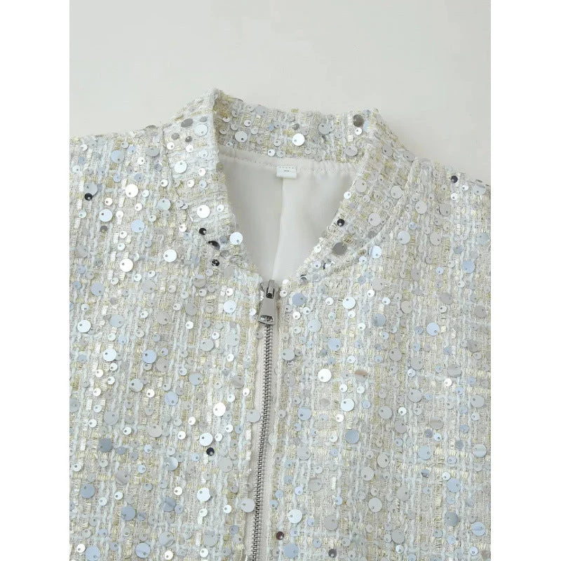 Damen Glitzernde Bomberjacke mit glänzenden Pailletten und Reißverschluss