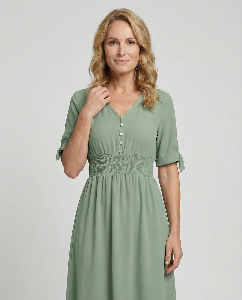 Damen Midikleid V-Ausschnitt mit Knopfleiste