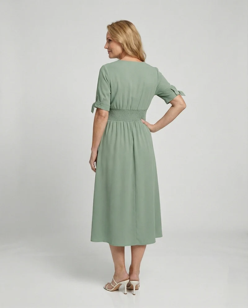 Damen Midikleid V-Ausschnitt mit Knopfleiste