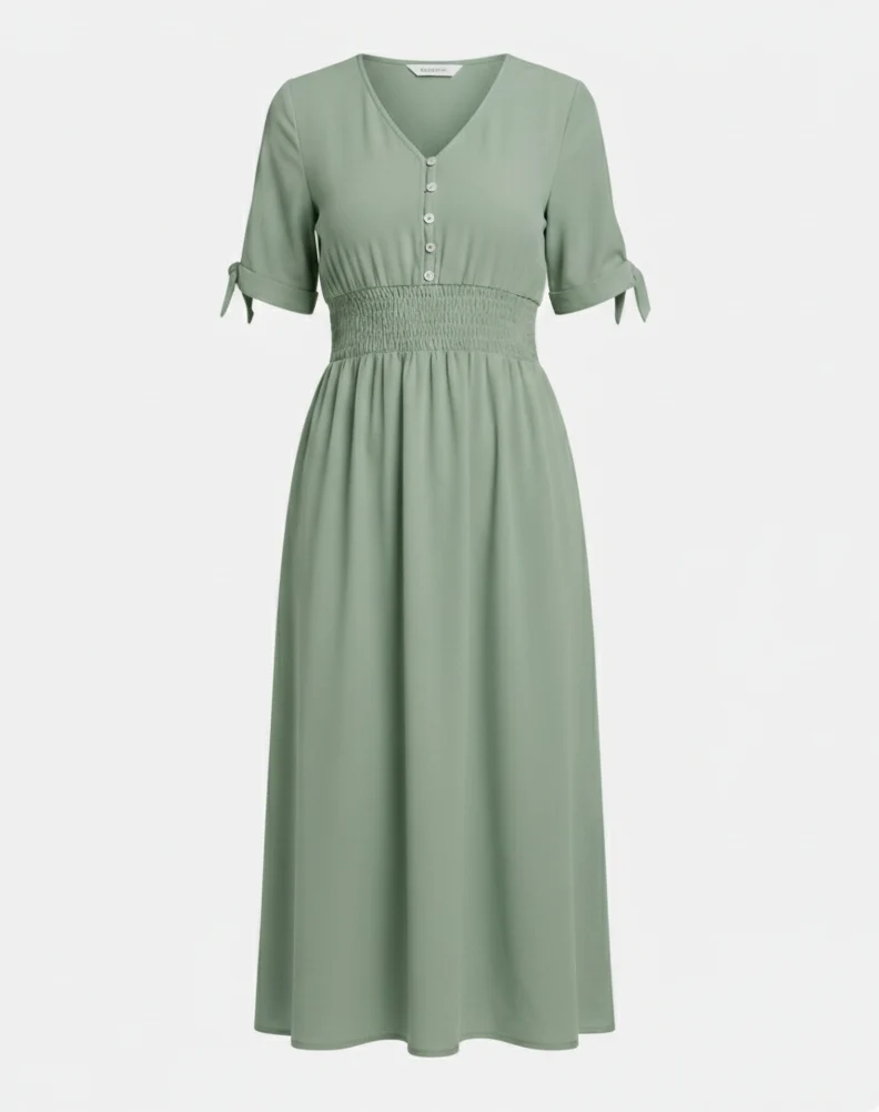 Damen Midikleid V-Ausschnitt mit Knopfleiste