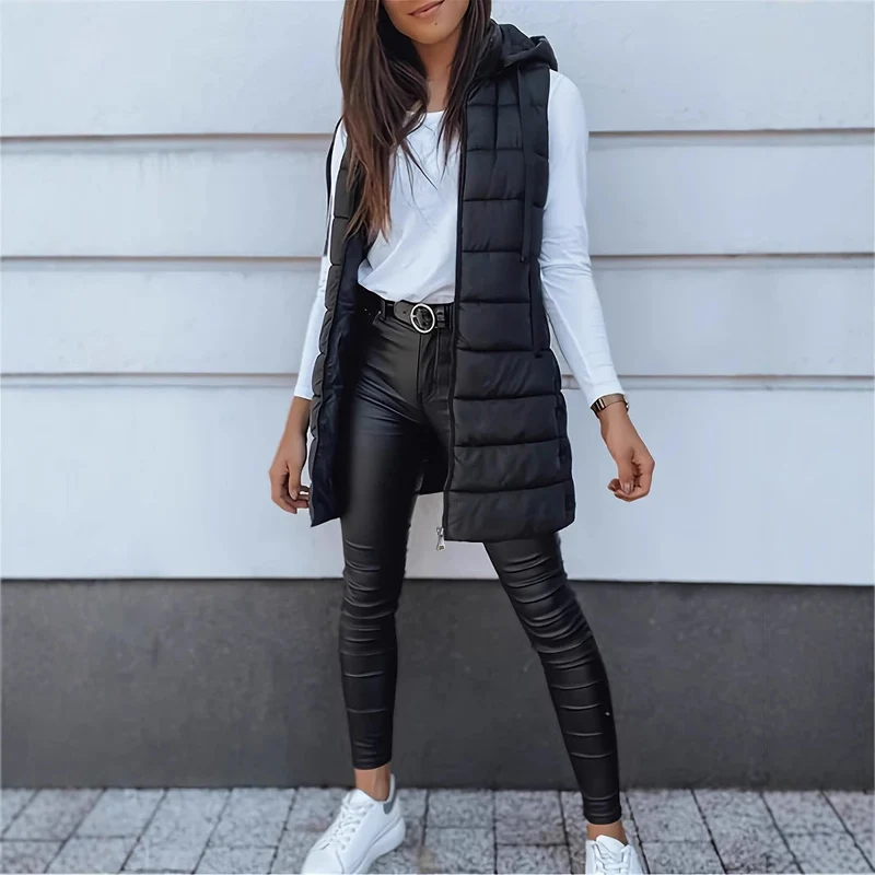 Damen Stylische gesteppte Weste mit Kapuze und langen Schnitt
