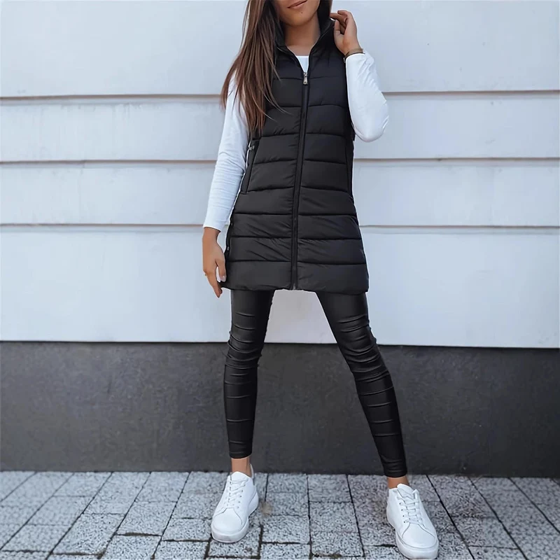 Damen Stylische gesteppte Weste mit Kapuze und langen Schnitt