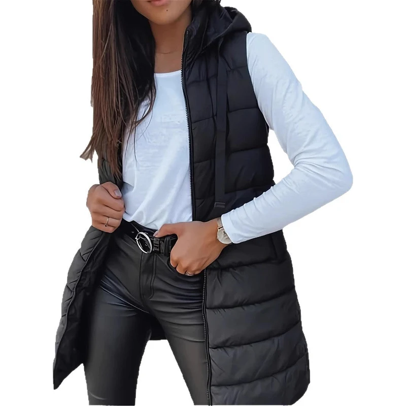 Damen Stylische gesteppte Weste mit Kapuze und langen Schnitt