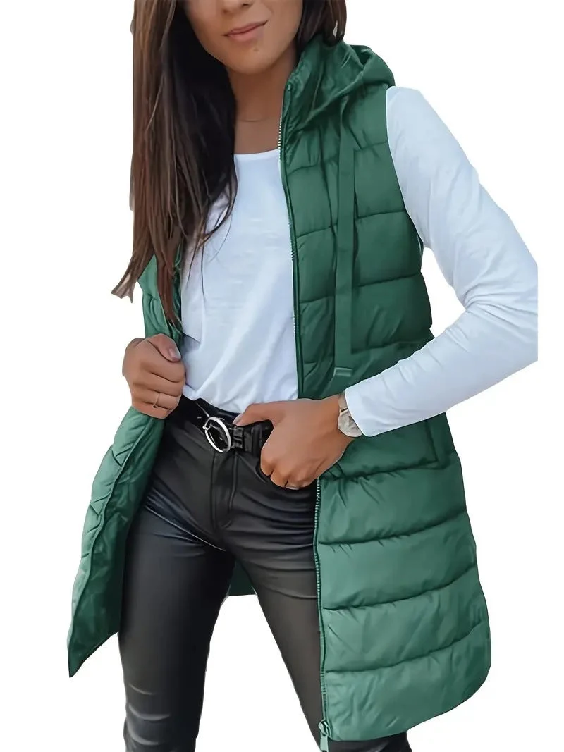 Damen Stylische gesteppte Weste mit Kapuze und langen Schnitt
