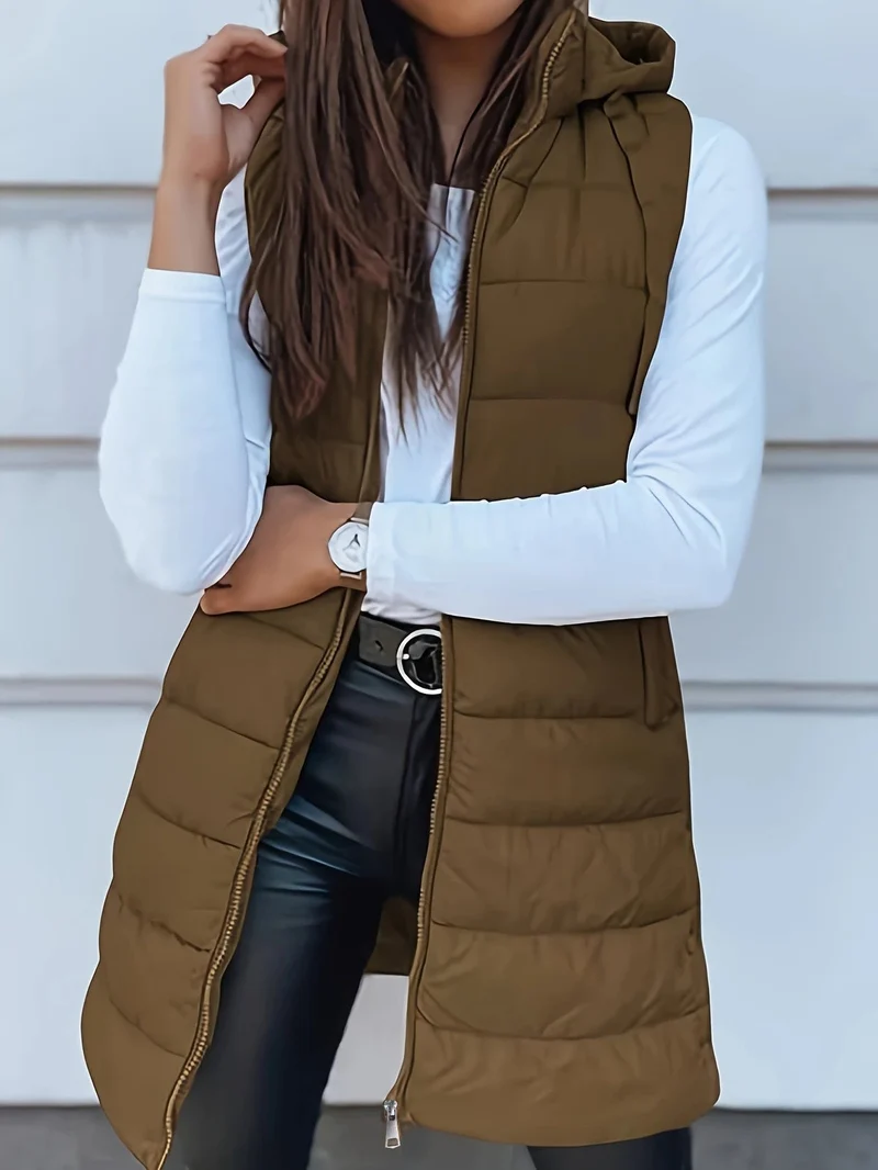 Damen Stylische gesteppte Weste mit Kapuze und langen Schnitt