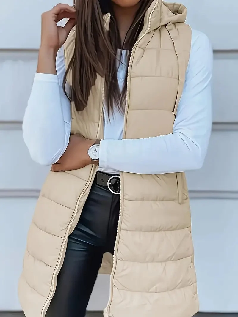 Damen Stylische gesteppte Weste mit Kapuze und langen Schnitt