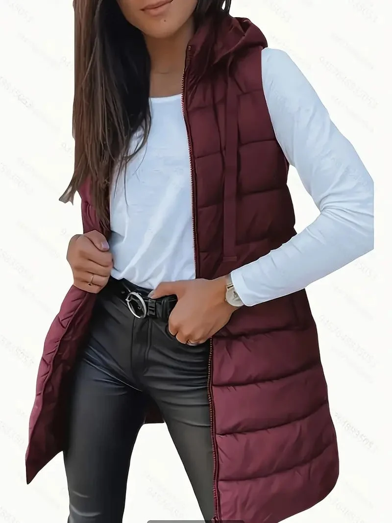 Damen Stylische gesteppte Weste mit Kapuze und langen Schnitt