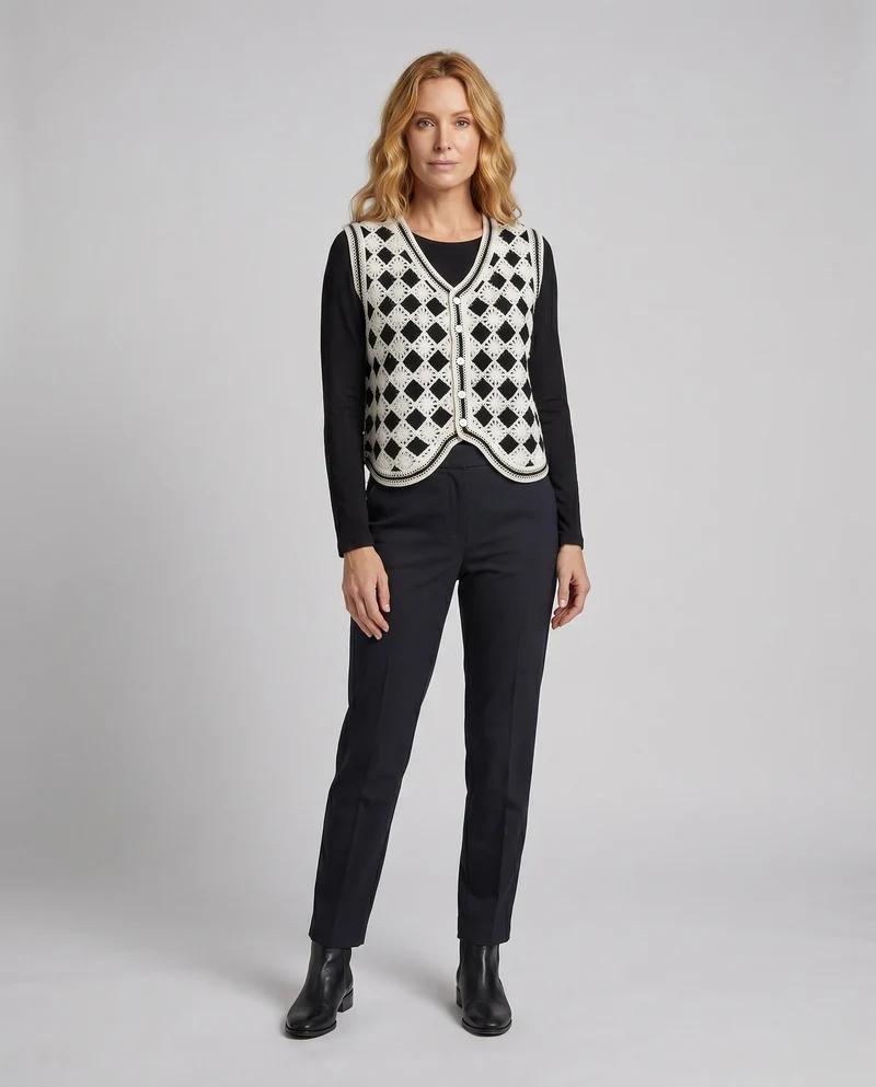 Damen Cropped Häkeloberteil mit buntem Quadratmuster und Knopfleiste