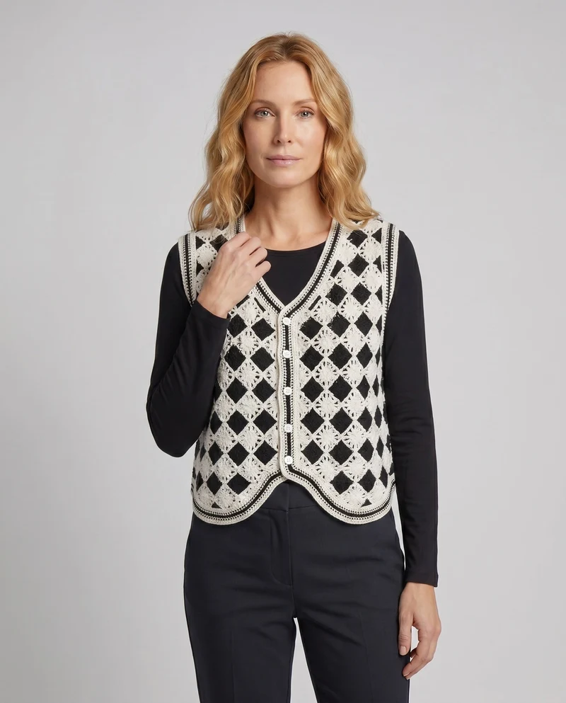 Damen Cropped Häkeloberteil mit buntem Quadratmuster und Knopfleiste