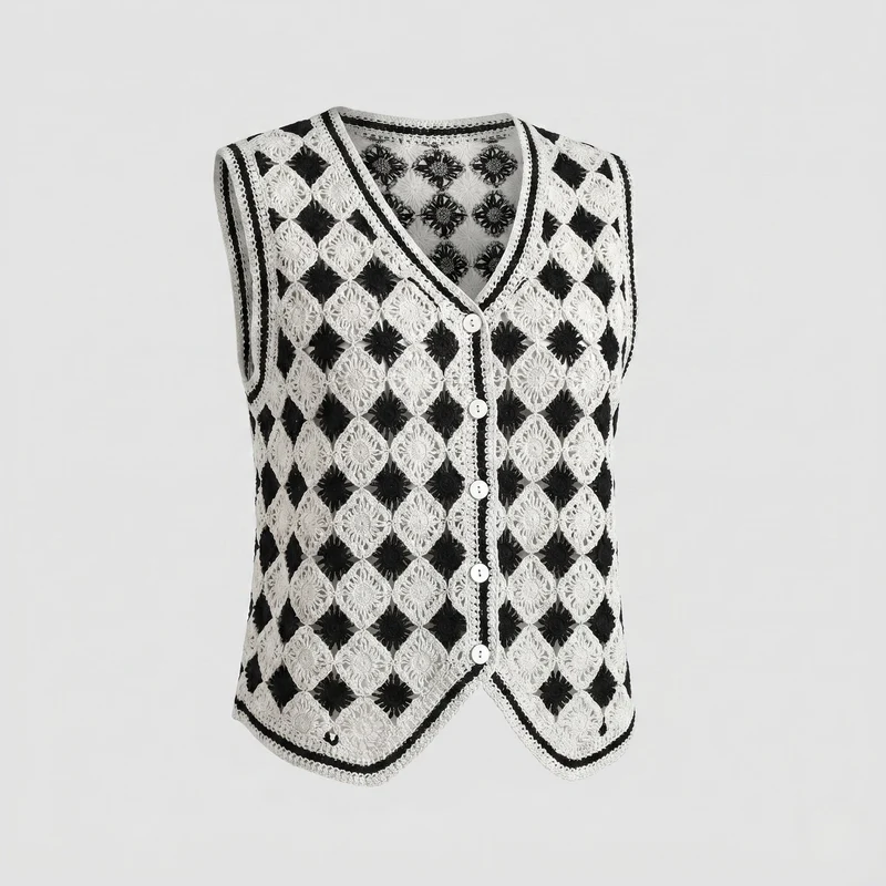 Damen Cropped Häkeloberteil mit buntem Quadratmuster und Knopfleiste