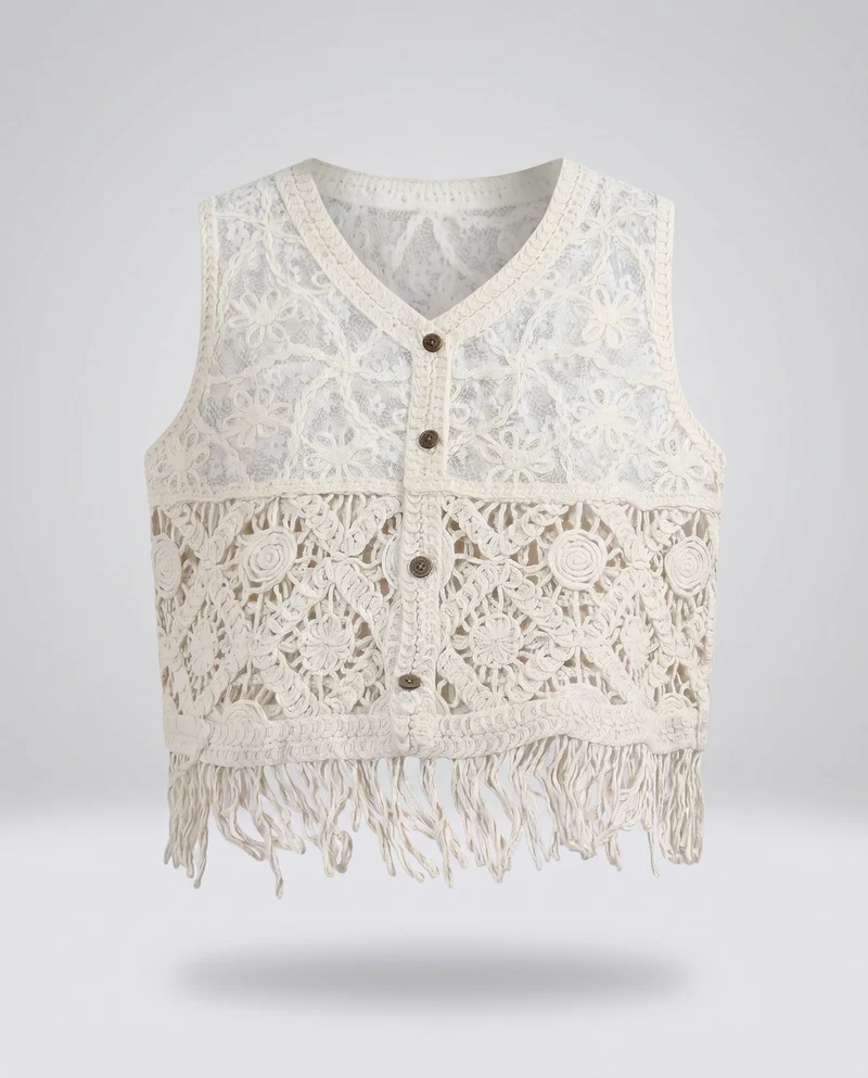 Damen Cropped Häkeloberteil mit buntem Quadratmuster und Knopfleiste